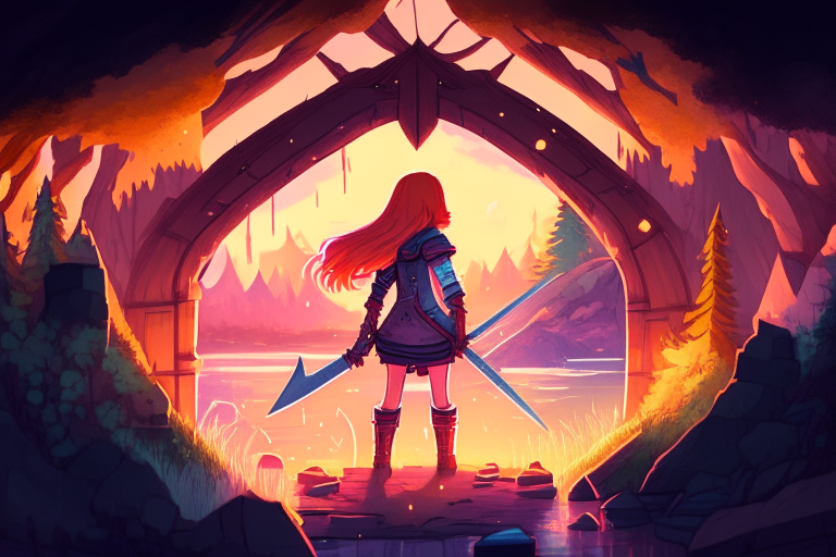 Rectangular Distant armored Nether portal zoomed out, by a stream and log cabin, stars, fantasy style, pastel, sunset,8k, ginger hair girl, orange hair anime women 38 years old, sword, shovel, pickaxe, axe, shield, weapons, armorstand.