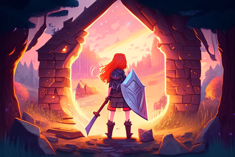 Rectangular Distant armored Nether portal zoomed out, by a stream and log cabin, stars, fantasy style, pastel, sunset,8k, ginger hair girl, orange hair anime women 38 years old, hoe, shovel, pickaxe, axe, shield, weapons, armorstand.