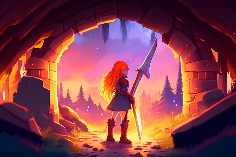 Rectangular Distant armored Nether portal zoomed out, by a stream and log cabin, stars, fantasy style, pastel, sunset,8k, ginger hair girl, orange hair anime women 38 years old, hoe, shovel, pickaxe, axe, shield, weapons, armorstand.