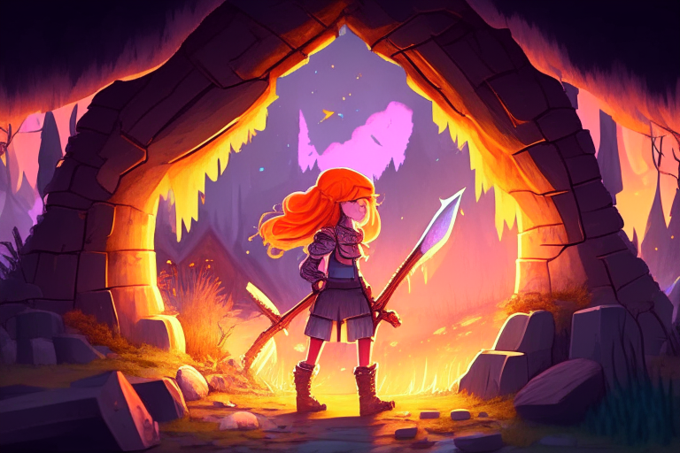 Rectangular Distant armored Nether portal zoomed out, by a stream and log cabin, stars, fantasy style, pastel, sunset,8k, ginger hair girl, orange hair anime women 38 years old, hoe, shovel, pickaxe, axe, shield, weapons, armorstand.