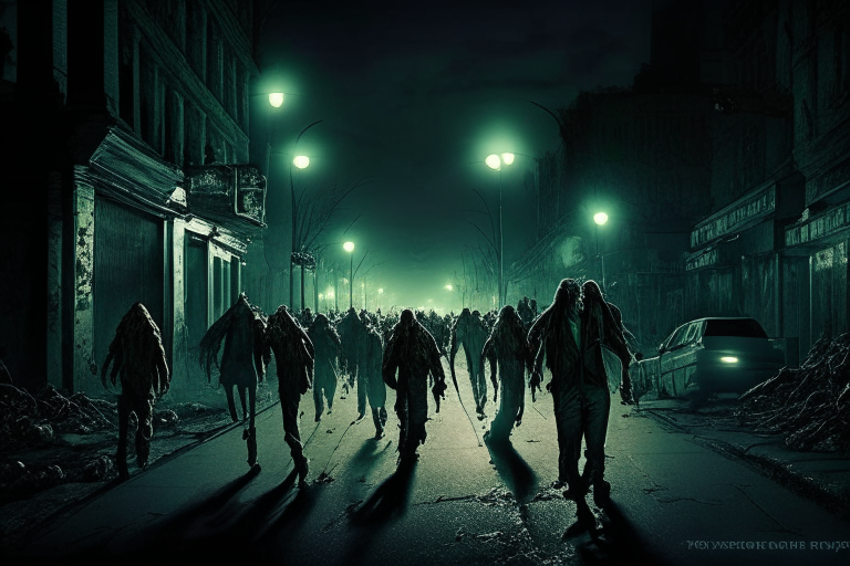 zombies caminando por una calle de la ciudad de noche zombies en una intersección de calles de la ciudad, iluminados por farolas