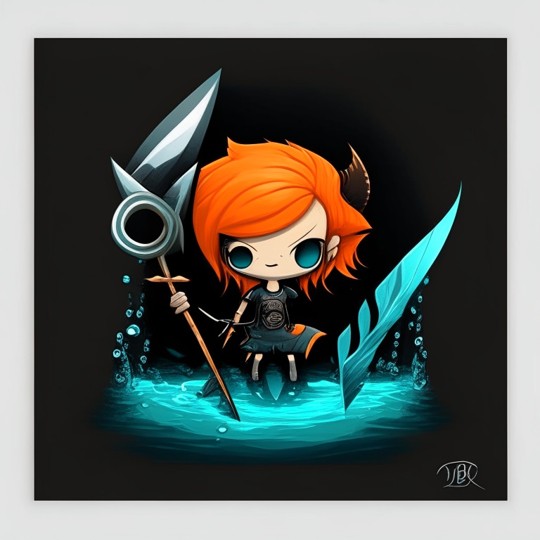 Black Rock rectangular portal, chibi orange hair, marine trident, fishing spear, pronged, trident, trident, trident, fork, trident, trident teal, water portal fishing trident lagre