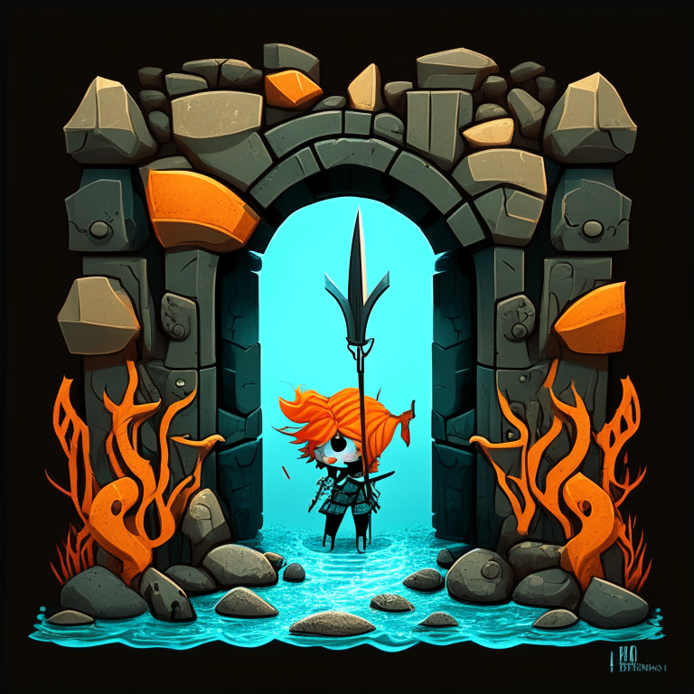 Black Rock rectangular portal, chibi orange hair, marine trident, fishing spear, pronged, trident, trident, trident, fork, trident, trident teal, rock doorway