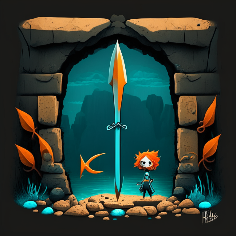 Black Rock rectangular portal, chibi orange hair, marine trident, fishing spear, pronged, trident, trident, trident, fork, trident, trident teal, rock doorway