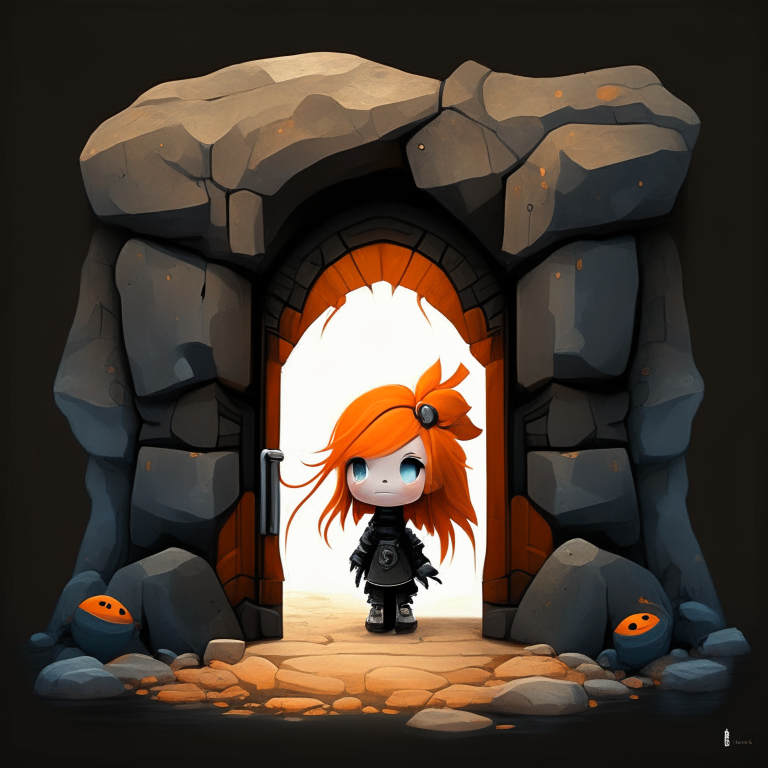 Black Rock rectangular portal, chibi orange hair, marine trident, haliebared, rock doorway