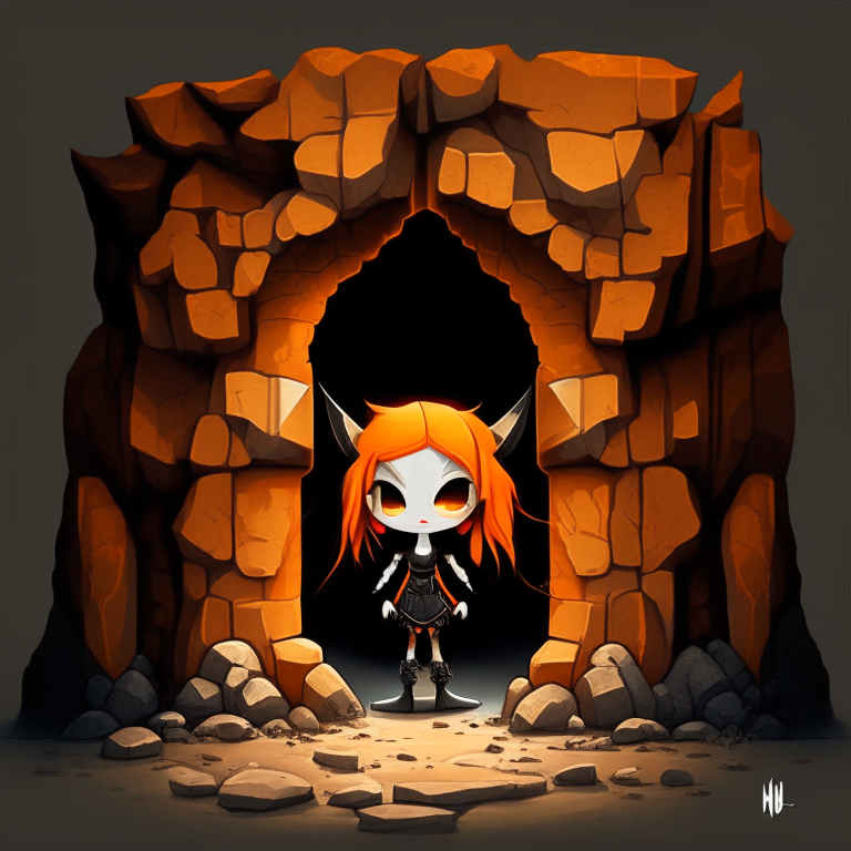 Black Rock rectangular portal, chibi orange hair, marine trident, haliebared, rock doorway, devils pitchfork