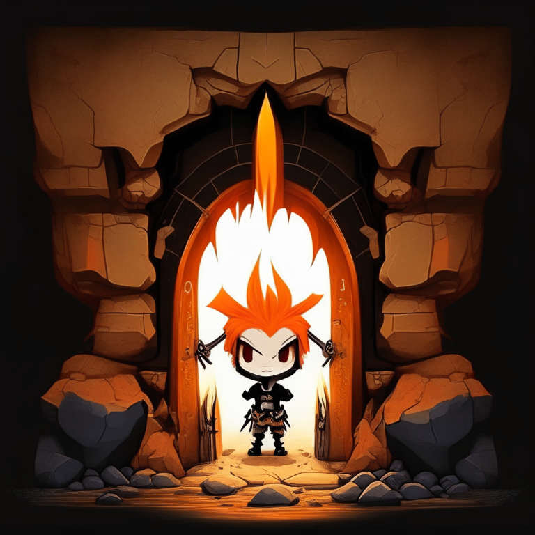 Black Rock rectangular portal, chibi orange hair, marine trident, halbared, rock doorway, devils pitchfork