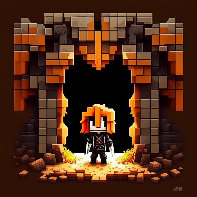 Black Rock rectangular portal, chibi orange hair, marine trident, halbared, rock doorway, devils pitchfork, Alex minecraft