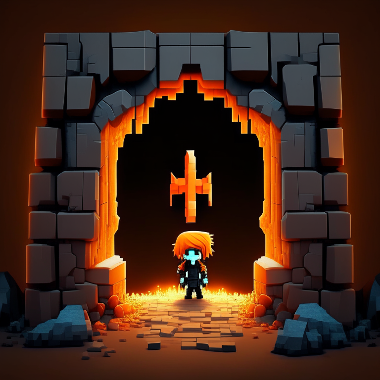 Black Rock rectangular portal, chibi orange hair, marine trident, halbared, rock doorway, devils pitchfork, Alex minecraft, 8k anime