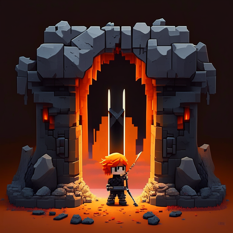 Black Rock rectangular portal, chibi orange hair, marine trident, halberd, rock doorway, devils pitchfork, Alex minecraft, 8k anime