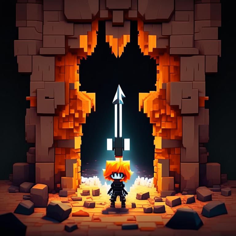 Black Rock rectangular portal, chibi orange hair, marine trident, halberd, rock doorway, devils pitchfork, Alex minecraft, 8k anime