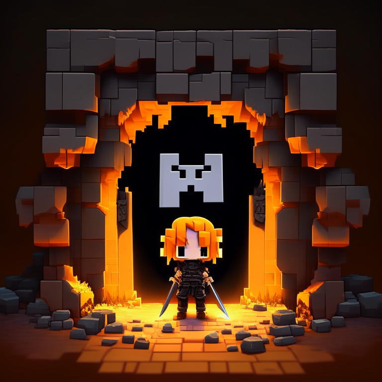 Black Rock rectangular portal, chibi orange hair, marine trident, halberd, rock doorway, devils pitchfork, Alex minecraft, 8k anime