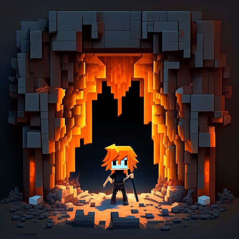 Black Rock rectangular portal, chibi orange hair, trident equipped, rock doorway, devils pitchfork, Alex minecraft, 8k anime