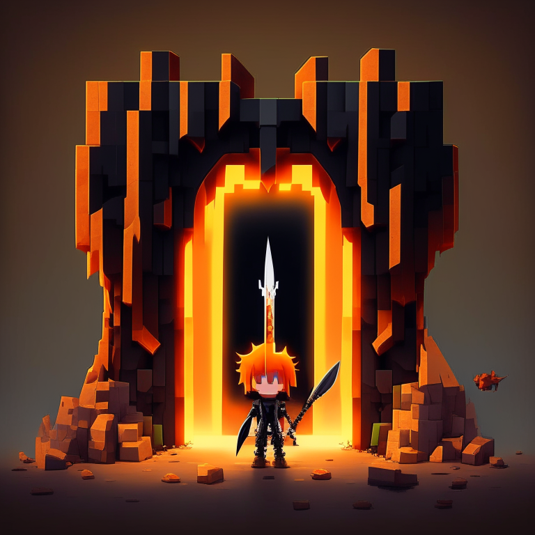 Black Rock rectangular portal, chibi orange hair, trident equipped, rock doorway, devils pitchfork, Alex minecraft, 8k anime