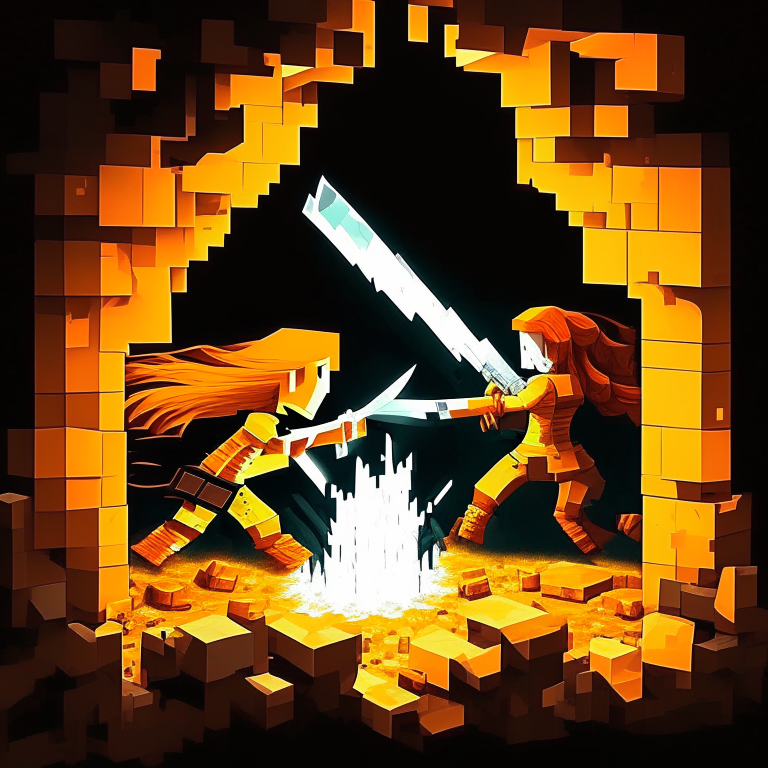 Pitchfork welding orange hair women fighting, black Rock nether portal, Minecraft tridents