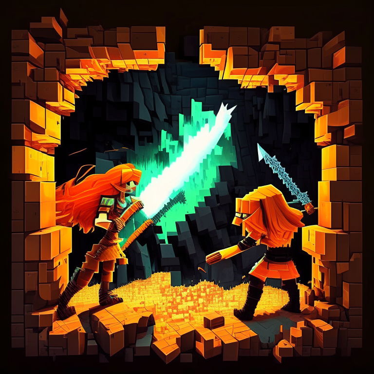 Pitchfork welding orange hair women fighting, black Rock nether portal, Minecraft tridents