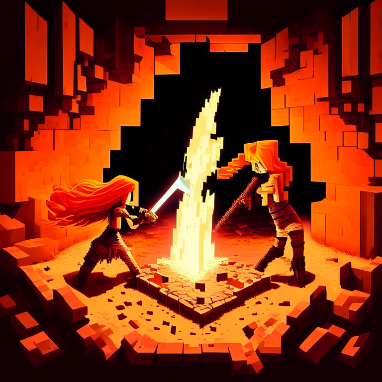 Pitchfork welding orange hair women fighting, black Rock nether portal, Minecraft tridents,  blazing burning, red sand floor