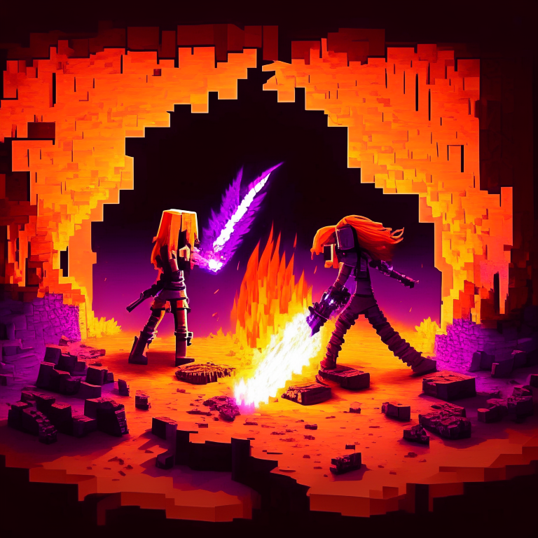 Pitchfork welding orange hair women fighting, black Rock nether portal, Minecraft tridents,  blazing burning, red sand floor, purple glow