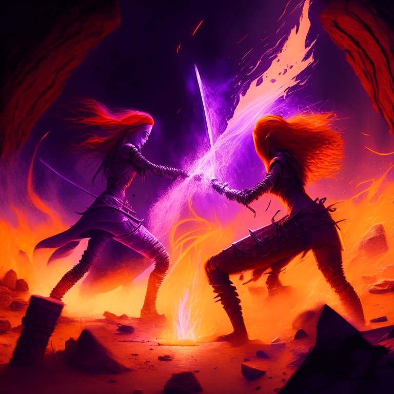 Pitchfork welding orange hair women fighting, black Rock nether portal, fantasy tridents,  blazing burning, red sand floor, purple glow, 8k