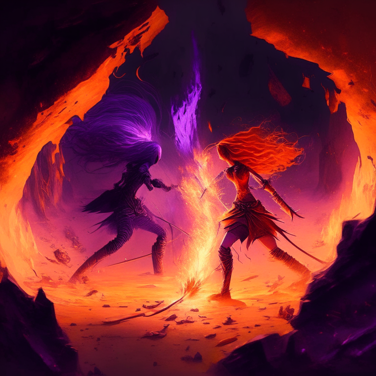 Pitchfork, orange hair women fighting, black Rock nether portal, fantasy tridents,  blazing burning, red sand floor, purple glow, 8k