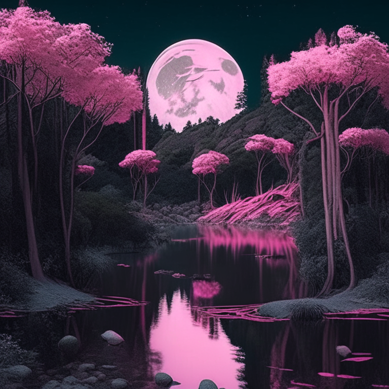 bosque mágico, rodeado de montañas flotantes y la luna rosa 