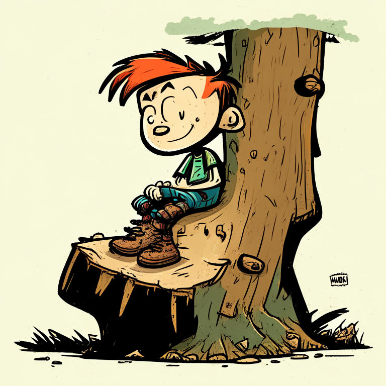 A cartoon person sitting on a log