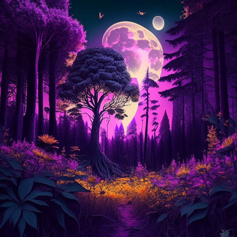 Beautiful forest with giant trees and purple sunflowers, with a pink moon