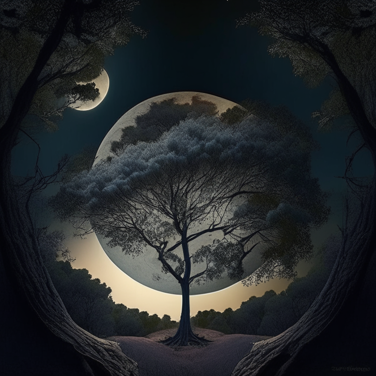 paisaje lleno de arboles y pinos con un eclipse lunar
