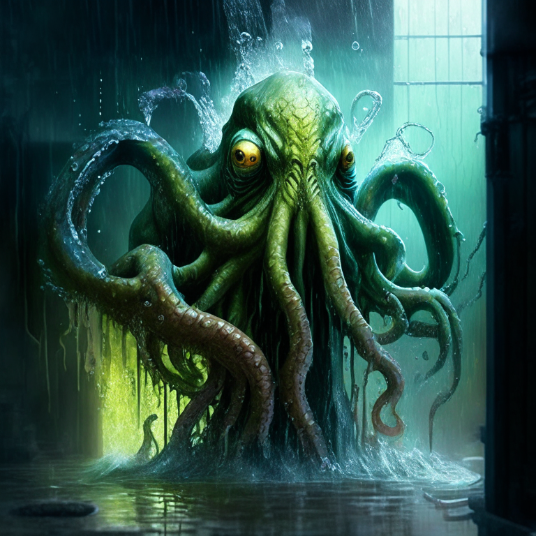 Cthulhu, an octopus-headed creature with scaly skin and claws, using an industrial pressure washer to spray water, highly detailed digital painting, sharp focus, dramatic lighting, masterpiece