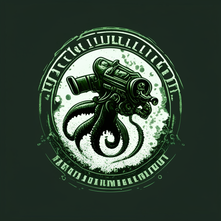 elegant modern logo of a pressure washer gun spraying the ground. The gun is attached to cthulhu. image is super lifelike