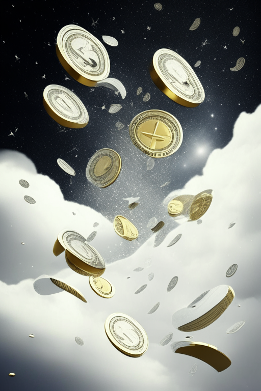 Flying money with silver and gold coins in the universe with white strips