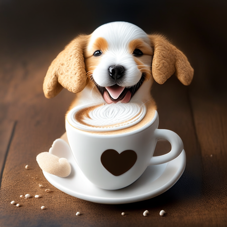 a happy puppy drinking a latte with heart-shaped foam art