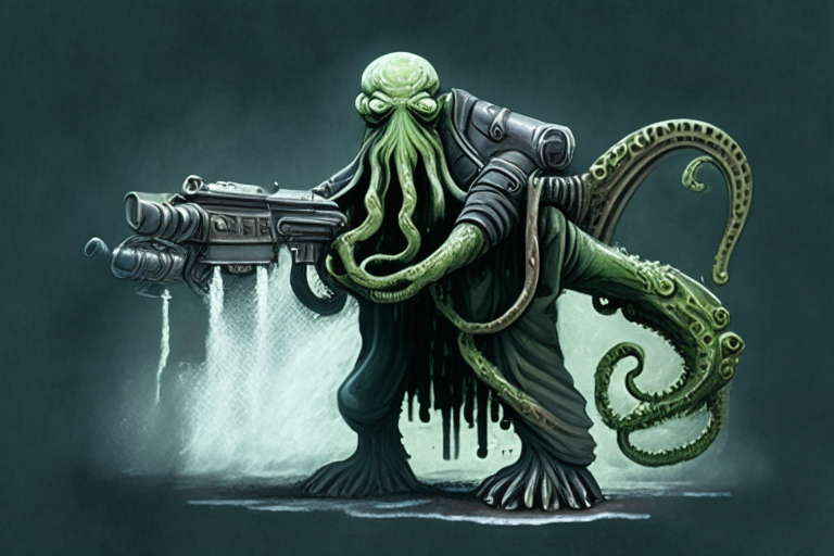 Cthulhu holding a pressure washer gun, full body view