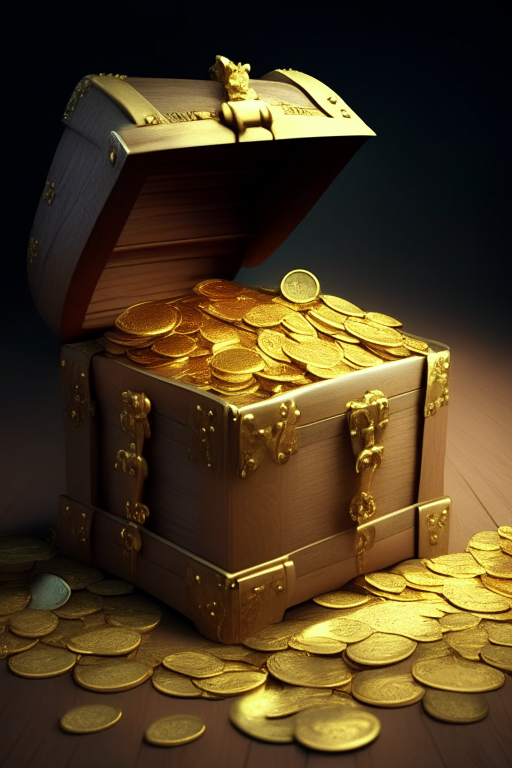 Cash coming out of a treasure chest and gold coins