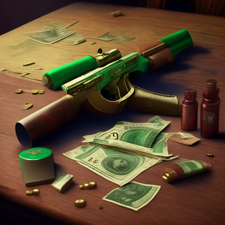 a model gun of taurus old school, on the table with money and covered blood cenary in colors smooth, brown and green