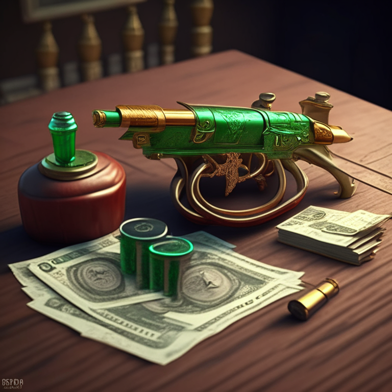 a model gun of taurus old school, on the table with money and covered blood cenary in colors smooth, brown and green. style realistic 3d 