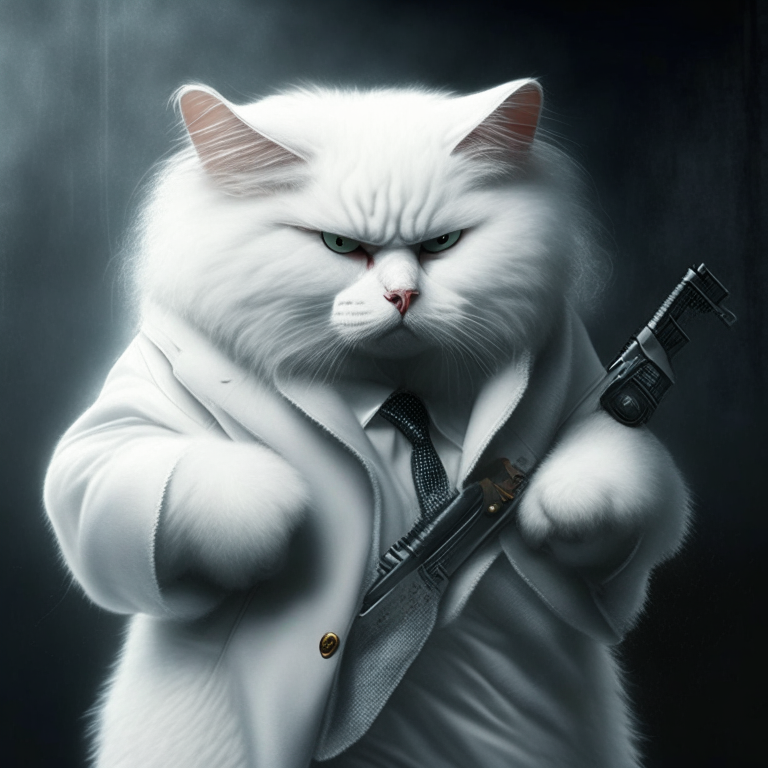 white fluffy cat with a scar on the eye dressed in gangster's clothes and carrying a gun, giving escape from the police