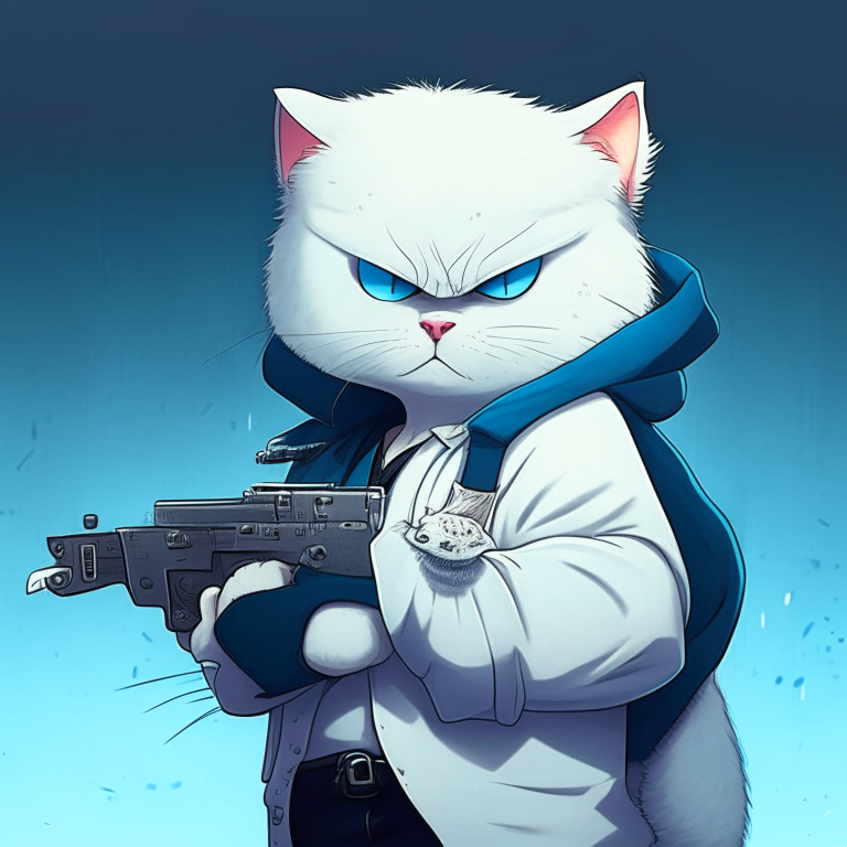 white fluffy cat with blue eyes with a big scar on the right eye, dressed in gangster's clothes and headbands and carrying a gun, giving escape from the police, style cartoon, animate, anime, 8d