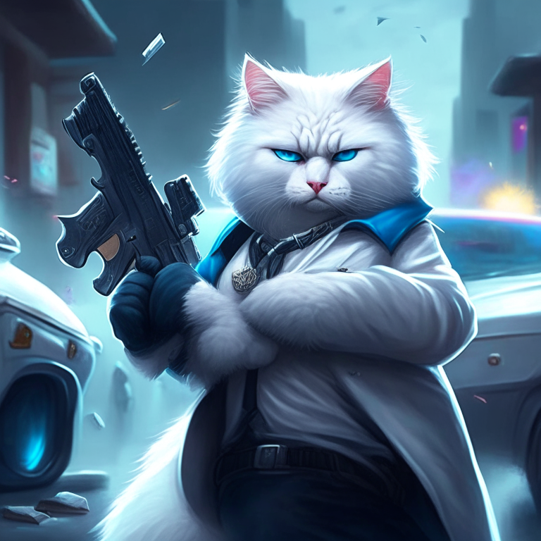 white fluffy cat with blue eyes with a big scar on the right eye, dressed in gangster's clothes and headbands and carrying a gun, scenery with police cars in pursuit, style splash art League of Legends, 8d