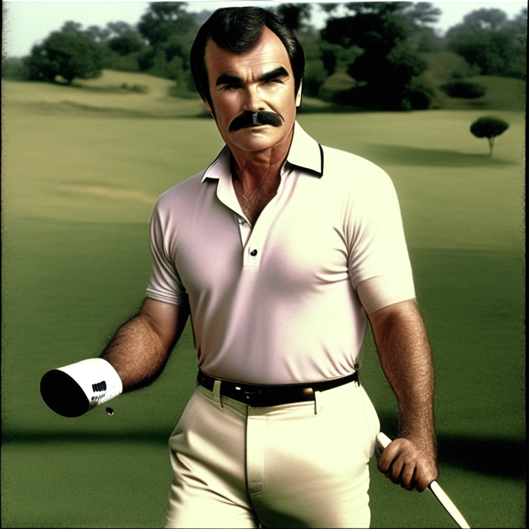 BURT REYNOLDS, his body is fully visible and within the picture, playing golf and  HITTING a pair of  DICE WITH A GOLF CLUB