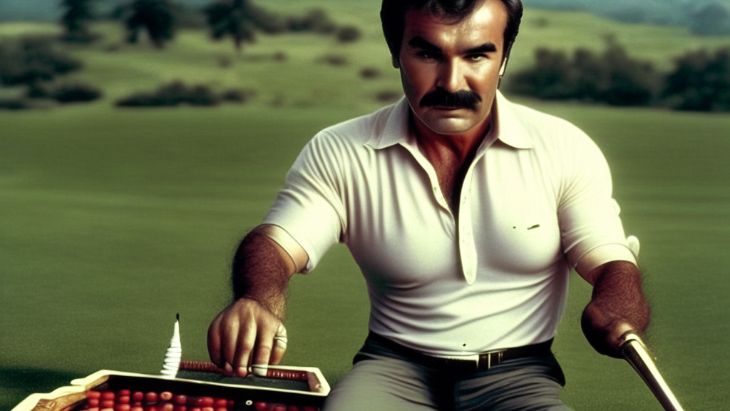 BURT REYNOLDS, his body is fully visible and within the picture, playing golf and  HITTING a pair of  DICE WITH A GOLF CLUB