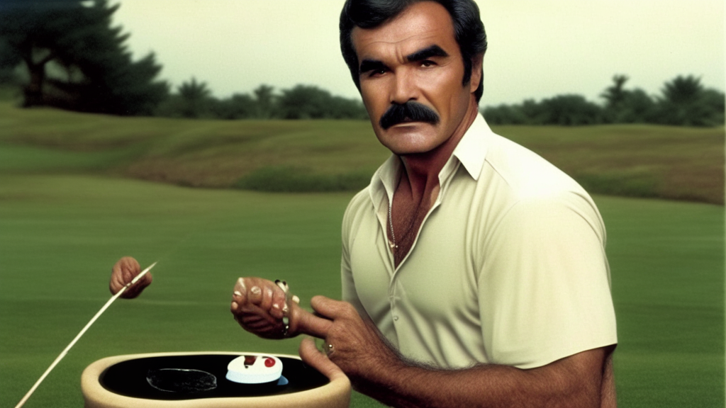 BURT REYNOLDS, his body is fully visible and within the picture, playing golf and  HITTING a pair of  DICE WITH A GOLF CLUB