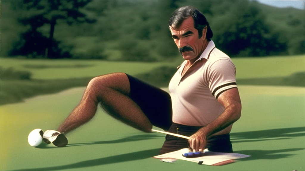 BURT REYNOLDS, his body is fully visible and within the picture, BURT REYNOLDS is playing golf and  HITTING a pair of  DICE WITH A GOLF CLUB