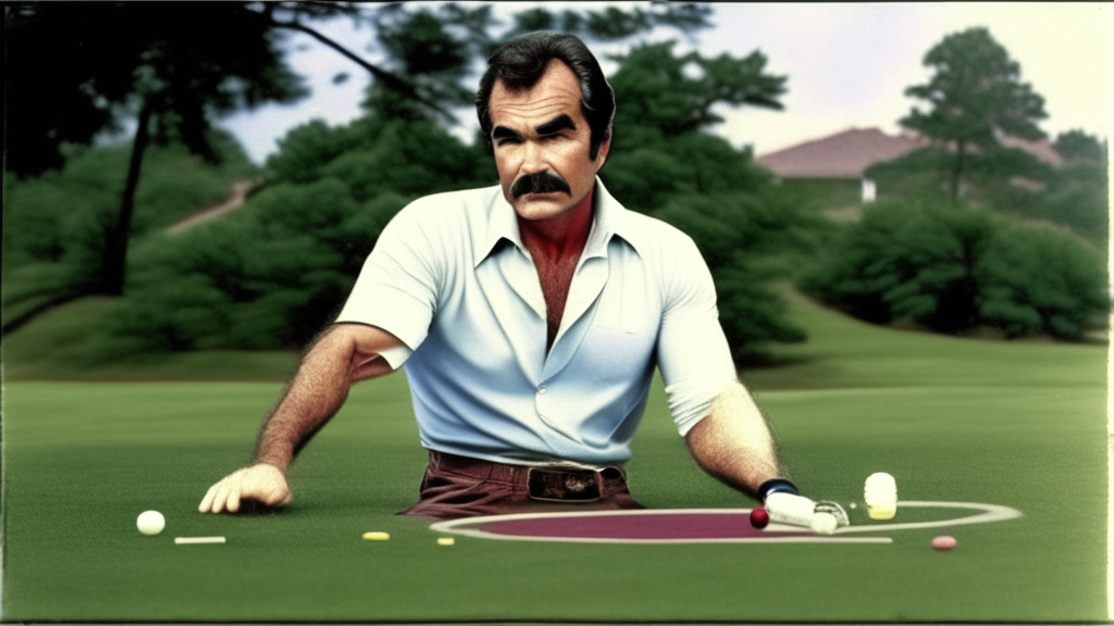 BURT REYNOLDS, his body is fully visible and within the picture, BURT REYNOLDS is playing golf and  HITTING a pair of  DICE WITH A GOLF CLUB