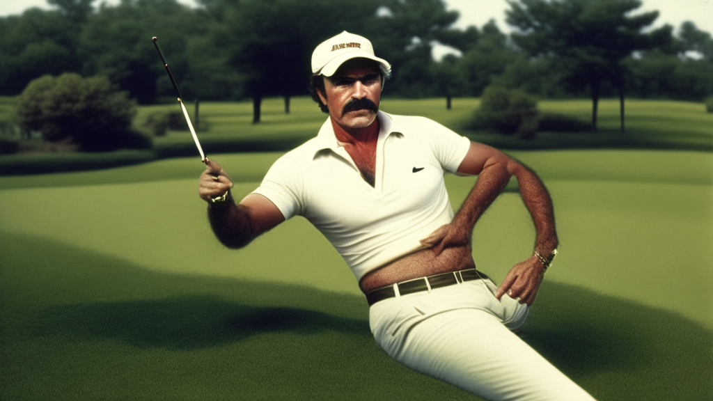 BURT REYNOLDS, his body is fully visible and within the picture, playing golf and  HITTING a pair of  DICE WITH A GOLF CLUB