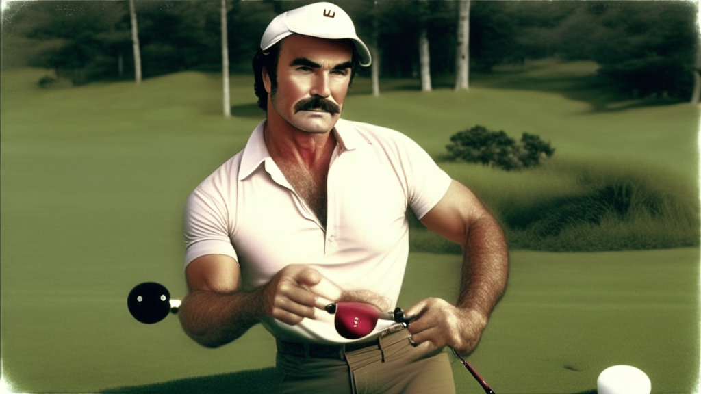BURT REYNOLDS, his body is fully visible and within the picture, playing golf and  HITTING a pair of  DICE WITH A GOLF CLUB