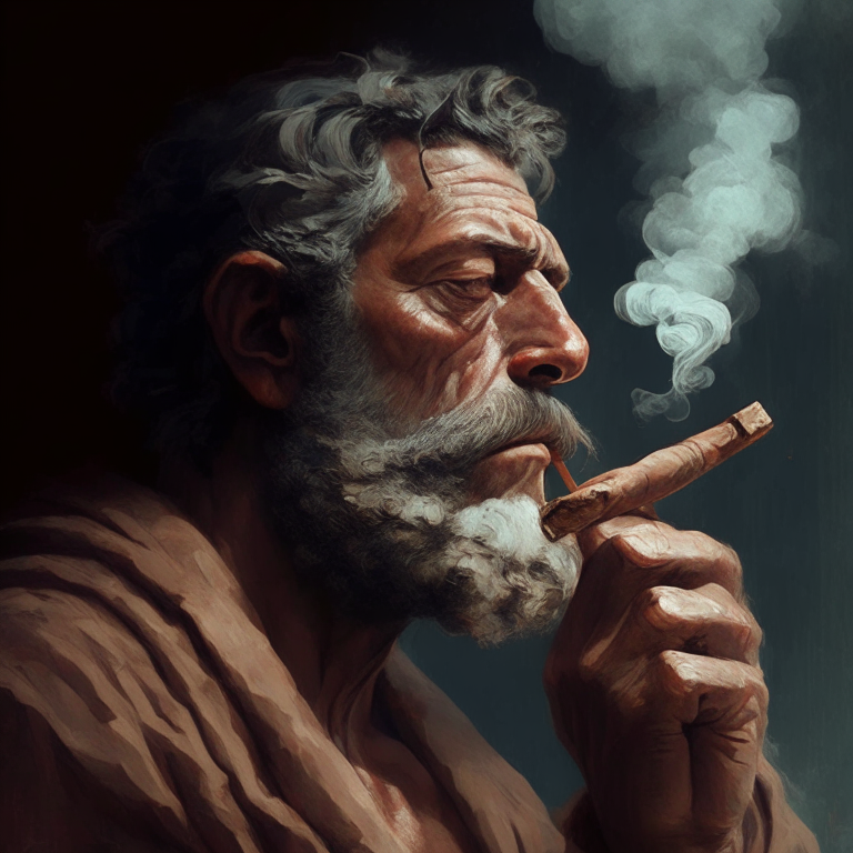 stoic man smoking a cigar on his huge  yot 