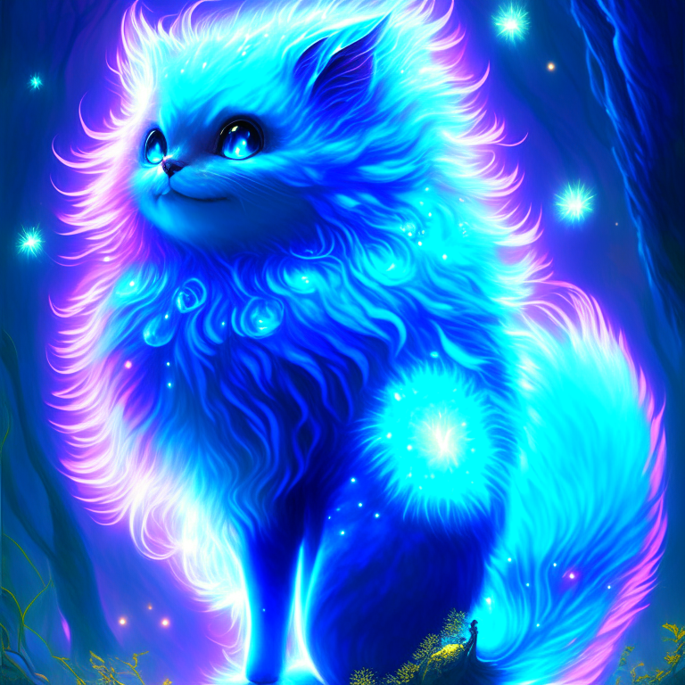 Sighting of the Glowpuff of Andromeda, alien forest creature. Inspired by Miyazaki, Artgerm, Ray Caesar, Lichtenstein, Ghibli. Sci-Fi Fantasy Art editorial. Digital painting, heavy strokes, finest quality. Bioluminescent fur, fluffy tail, alien wildlife, Andromeda style, extraterrestrial fauna. Perfect form, radiant glow, detailed eyes, captivating smile, dark shadows. Forest lighting, deep shadows, chiaroscuro.