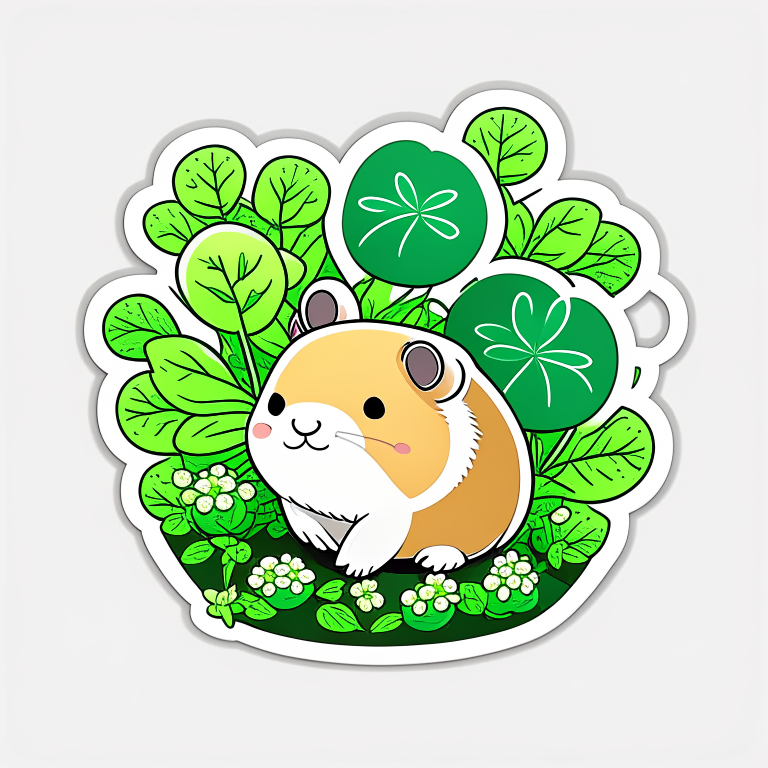 Sticker, cute hamster and four-leaf clover illustration, 2D flat, very delicate and beautiful, no humans. whole page illustration, pixar portrait