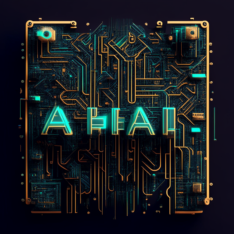 The words 'ai generative art and design studio' in a futuristic font, with circuit board and pixel elements.